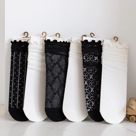 Women Japanese Style Lace Ruffle Crew Socks Thin Breathable Cotton Mesh Slouch Socks Black White Polka Dot Floral Mesh Socks
