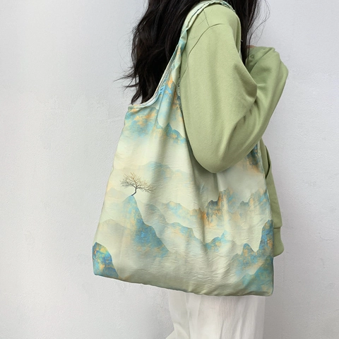 Vintage Chinesischer Stil Leinwand Einkaufstasche Große Kapazität Orientalische Landschaft Kalligraphie Schultertasche