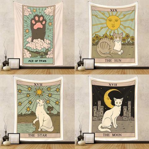 Tapisserie Tarot Chat Suspension Murale Polyester Rétro Bohème Illustration Mystique Pour Chambre Salon Décoration
