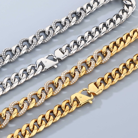 Collar Y Pulsera Cuban Link Iced Out Rhinestone Acero Inoxidable Hip Hop Punk Joyería De Moda Para Hombres Mujeres