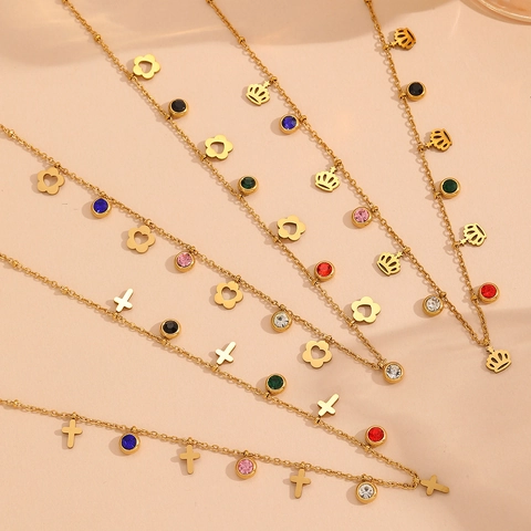 Collana In Acciaio Inossidabile Per Donna Con Ciondoli Corona Fiore Croce In Zircone Colorato Gioielli Moda