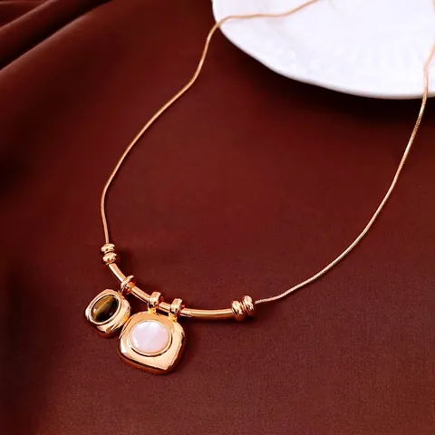 Collar Colgante Cuadrado Ojo De Tigre Cobre Chapado Oro 18K Nácar Blanco Doble Colgante Retro Joyería Mujer