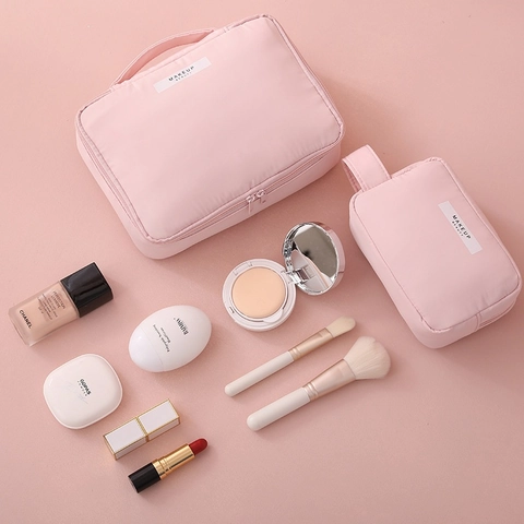 Portable Waterproof Makeup Bag Large Capacity Toiletry Organizer With Handle Travel Cosmetic Pouch Solid Color For Women