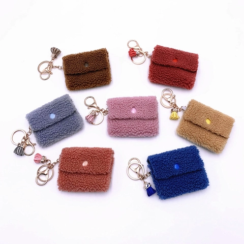 Mini Plush Coin Purse Keychain Cute Sherpa Earphone Pouch Pendant With Tassel Envelope Style Small Wallet For Women Girls