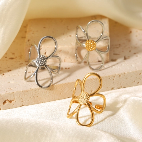 Hollow Flower Open Ring For Women Edelstahl Titanstahl Floral Verstellbar Schicker Schmuck Nicht Verblassend Mehrfarbig