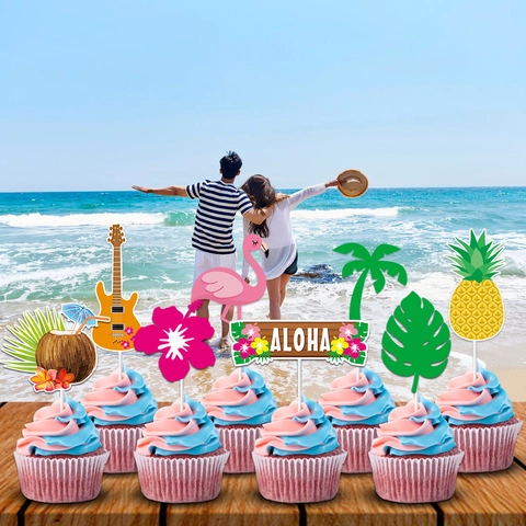 Hawaiian Tropical Cake Toppers Paper Flamingo Pineapple Coconut Palm Leaf Decorations For Summer Beach Party Birthday