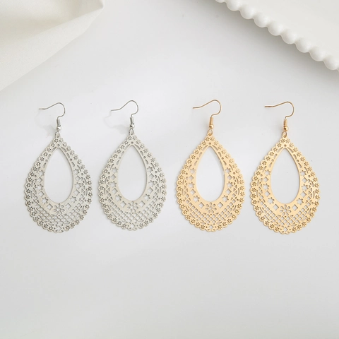 Vintage Waterdruppel Hangende Oorbellen Voor Dames Koper Uitgehold Filigraan Etnisch Boho Retro Stijl Metalen Sieraden