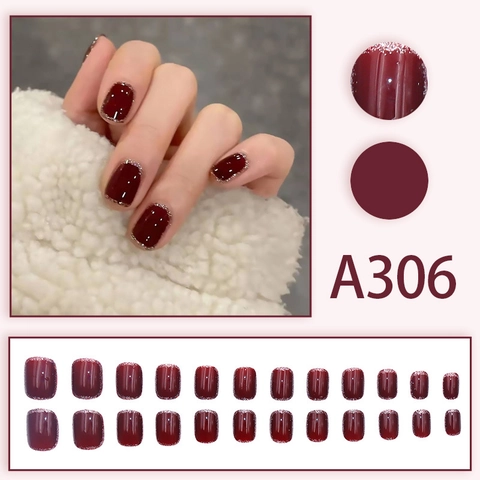 Glossy Dark Red Press On Nails With Silver Glitter Edge Short Square Shape Wearable Fake Nails For Women Manicure