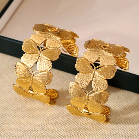 Bracciale Aperto Traforato Fiore Farfalla Foglia Di Ginkgo Acciaio Inossidabile Placcato Oro 18K Gioielli Regolabili Da Donna