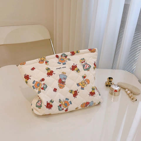 Quilted Cotton Makeup Bag Cute Cartoon Floral Print Cosmetic Pouch Zipper Closure Portable Travel Storage Organizer For Women
