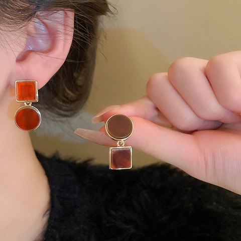 Vintage Geometric Earrings Asymmetric Square Round Acetic Acid Plate Alloy With 925 Sterling Silver Earring Post For Women