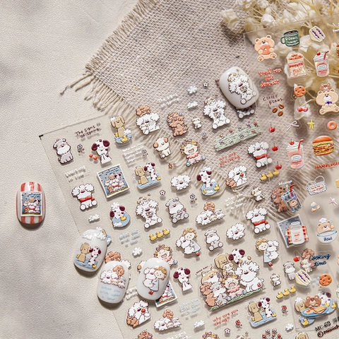 3D Embossed Nail Art Stickers Cute Cartoon Dog Bear Food Dessert Pattern Self Adhesive DIY Manicure Decorative Decals