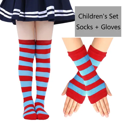 Kids Striped Socks And Arm Warmers Polyester Spandex Knitted Over Knee Stockings Fingerless Gloves Dance Performance Outfit