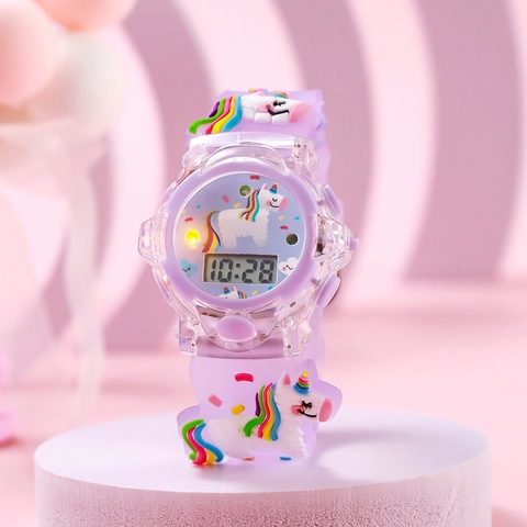 Kids Digital Watch 3D Cartoon Unicorn LED Light Silicone Strap Rainbow Cute Electronic Timepiece For Girls