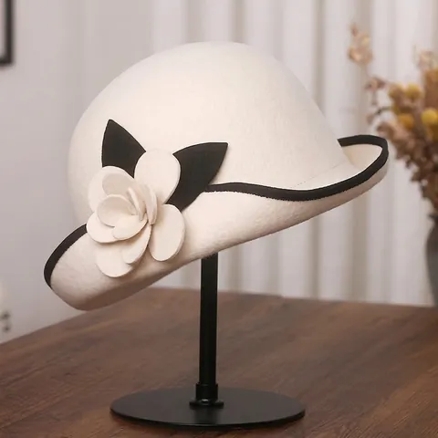 Chapeau Cloche Femme Élégant En Feutre De Laine Style Français Rétro Avec Fleur De Camélia 3D Et Bordure Contrastée