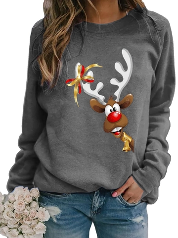 Women's Christmas Reindeer Print Long Sleeve Round Neck T-Shirt Cotton Casual Holiday Top Autumn Winter Apparel
