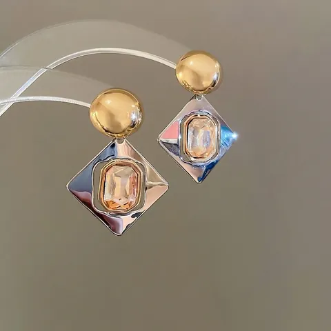 Orecchini Pendenti Geometrici Lega Pietra Rettangolare Champagne Lusso Bicolore Con Perno In Argento Sterling 925