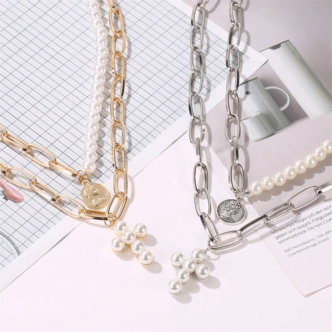 Multi Layer Necklace Alloy Faux Artificial Pearl Coin Portrait Moon Star Heart Cross Pendant Boho Retro Exaggerated Clavicle Chain