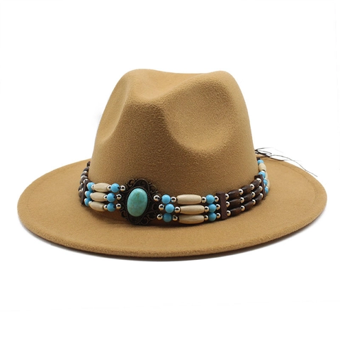 Bohemian Fedora Hat Wide Brim Cotton Polyester Felt Ethnic Bead Turquoise Decor Vintage Jazz Cap For Men Women
