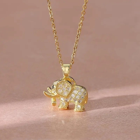 Elephant Pendant Necklace Titanium Steel Gold Plated Cubic Zirconia Lucky Animal Jewelry For Women Fashion Accessory Elegant