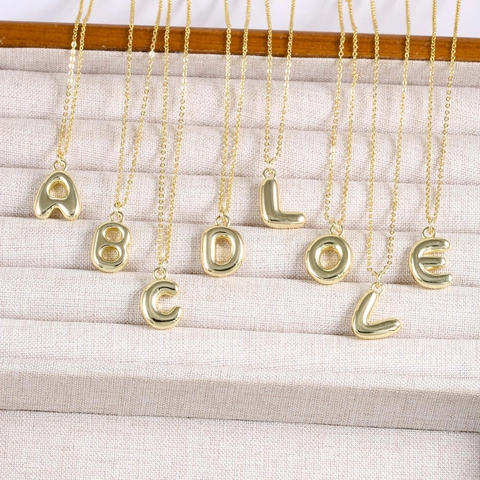 Initial Letter Necklace 18K Gold Plated Copper Balloon Puff Style Minimalist Chic Women Jewelry