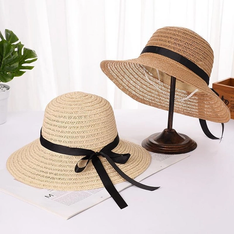 Women's Wide Brim Straw Hat Elegant Black Ribbon Bowknot Hollow Out Breathable Sun Protection Beach Vacation Sun Hat For Women
