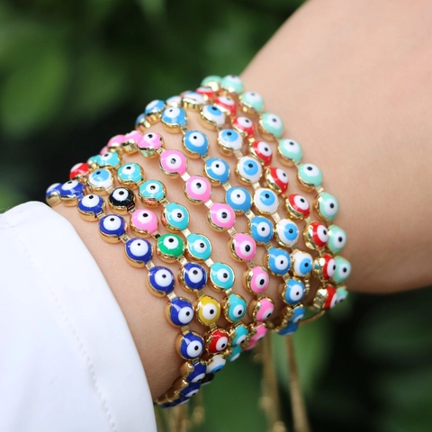 Bohemian Kupfer Böser Blick Verstellbares Armband Für Damen Retro Ethnisch Emaille Tropföl Bunte Perlen Vergoldet Strass Schmuck Geschenk