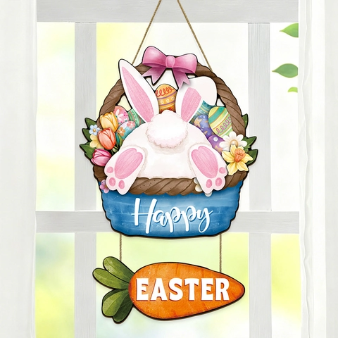 Easter Wooden Welcome Door Hanging Sign Cartoon Bunny Egg Carrot Pattern Wall Plaque Festive Home Decor For Spring Holiday