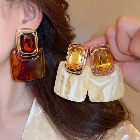 Vintage Geometric Square Resin Drop Earrings Alloy Rhinestone With 925 Sterling Silver Earring Post For Women
