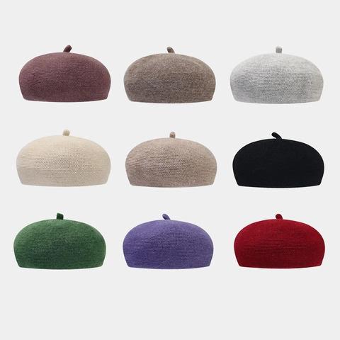 Boina De Punto Vintage Para Mujer Invierno Cálido Mezcla De Pelo De Conejo Acrílico Color Sólido Gorra De Artista