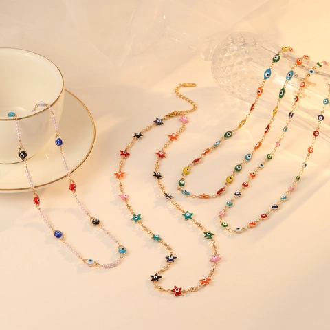 Titanium Steel Colorful Evil Eye Pendant Necklace For Women Gold Plated Artificial Pearl Star Bead Choker Jewelry