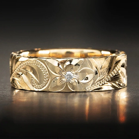 Hawaiian Style Floral Relief Band Ring Gold Plated Copper With Cubic Zirconia Embossed Flower Design For Women