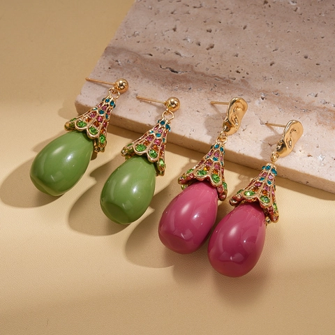 Vintage Water Drop Resin Earrings With Multi Color Rhinestones And Silver Earring Post Bohemian Style For Women
