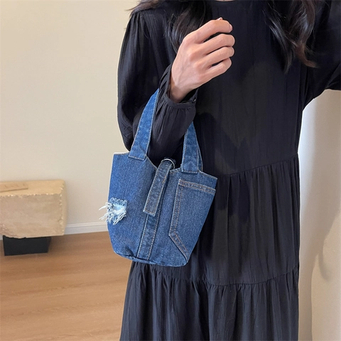 Damen Denim Eimer Tasche Gewaschen Distressed Handtasche Casual Streetwear Tote Pendeln Zerrissenes Design