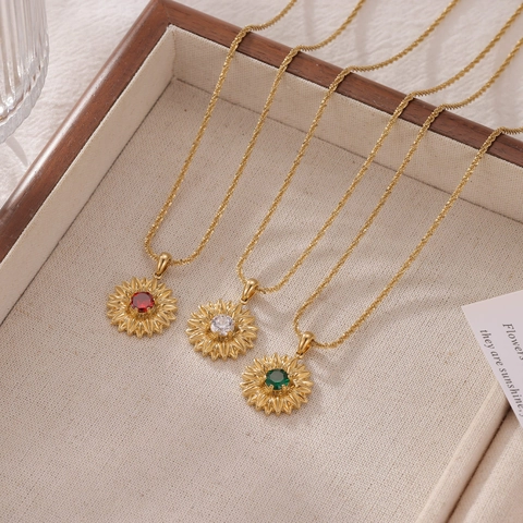 Collier Pendentif Tournesol En Acier Inoxydable Zircon Coloré Marguerite Vintage Bijoux Fins Et Brillants Pour Femmes