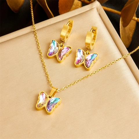 Collier Pendentif Papillon Et Boucles Oreilles Créoles Bijoux En Acier Inoxydable Avec Strass Dégradé Pour Femmes Style Doux
