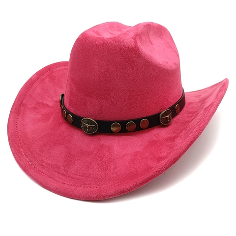 Western Cowboy Hat Retro Suede Wide Brim With Bull Head Riveted Leather Band Sunshade Classic Outdoor Unisex