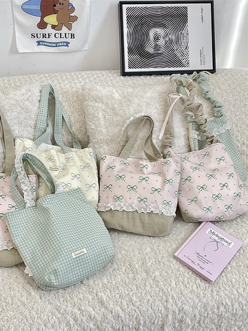 Borsa Tote In Tela Da Donna Con Bordo In Pizzo Stampa Fiocco E Motivo A Quadri Dolce Borsa A Tracolla In Stile Giapponese