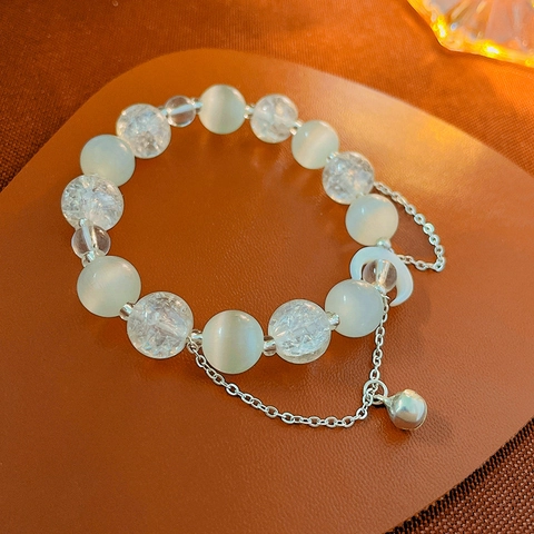 Perlenarmband Katzenaugenstein Und Crackle Glas Mit Legierung Mond Glocken Anhänger Retro Elegant Schmuck Damen