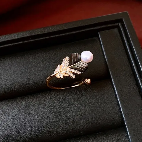 Elegant Feather Leaf Open Ring 18K Gold Plated Copper With Artificial Pearl Shell And Zircon For Women Luxury Style