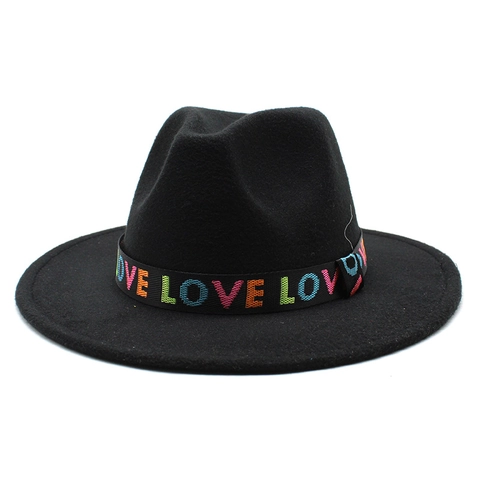 Fedora Hat Woolen Felt Wide Flat Brim Colorful LOVE Letter Ribbon Jazz Hat Unisex Fashion Elegant Autumn Winter