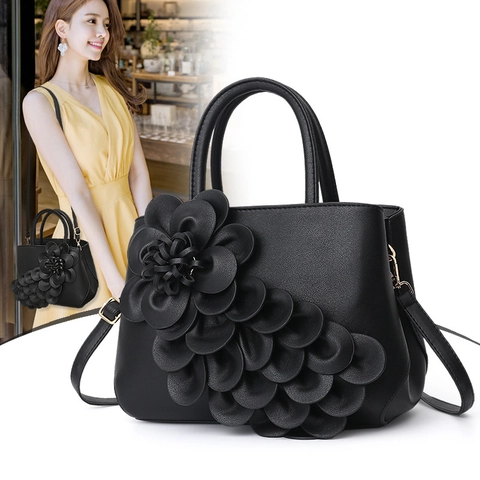 Women Vintage PU Leather Handbag With 3D Floral Decoration Large Flower Shoulder Bag Collegiate Style Tote For Daily Party