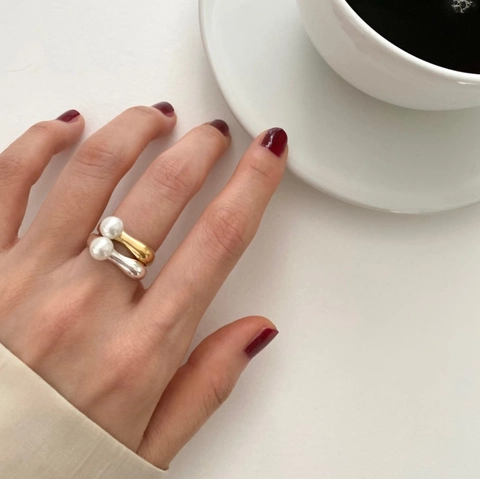 Anillo Ajustable De Perlas Artificiales Plata De Ley 925 Metal Líquido Irregular Joyería De Dedo Abierta Minimalista Mujer
