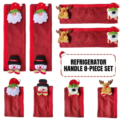 Christmas Refrigerator Handle Covers Kitchen Appliance Decor Burlap Linen Protector Santa Snowman Reindeer Bear Cartoon