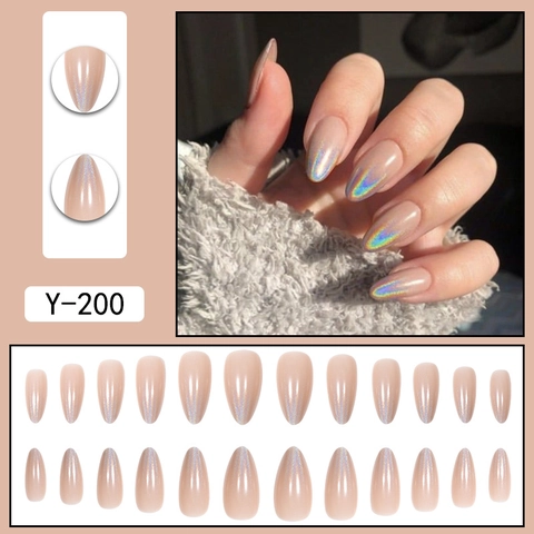 Holografisch Laser Verloop Plaknagels Amandelvorm Nude Roze Glanzende Kunstnagels Voor Dames Feest