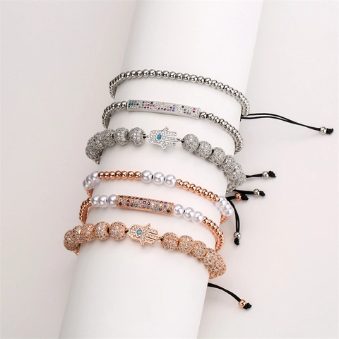 Hamsa Hand Böser Blick Kupfer Armband Mikro Pave Zirkonia Künstliche Perlenimitat Verstellbare Webkordel Für Damen Herren