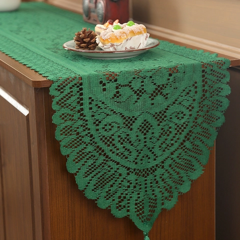 Christmas Table Runner Polyester Lace Crochet Hollow Out Floral Design With Tassels Vintage Decorative Cloth Home Decor
