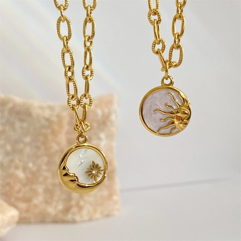 Collana Con Pendente Moneta Sole Luna Placcata Oro 18K Acciaio Inossidabile Con Madreperla Conchiglia Zircone Gioielli Donna
