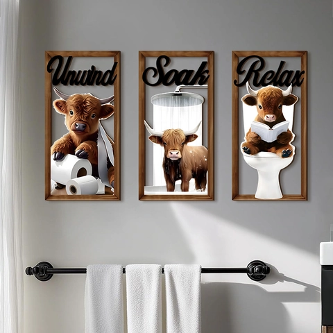Highland Cow Bathroom Wall Decor Wooden Plaque Farmhouse Animal Art Unwind Soak Relax Signs