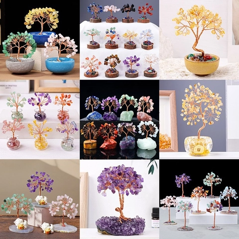 Natural Crystal Money Tree Handmade Copper Wire Wrapped Gemstone Tree Of Life Desktop Decor Feng Shui Healing Ornament